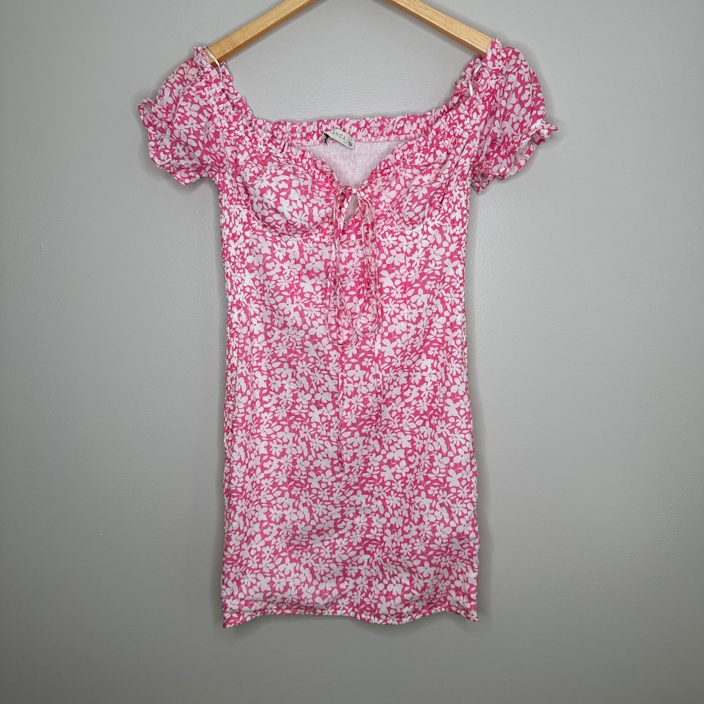 O.VIANCA Women's Pink Floral Mini Dress Smocked Off Shoulder Tie Front‎ Small